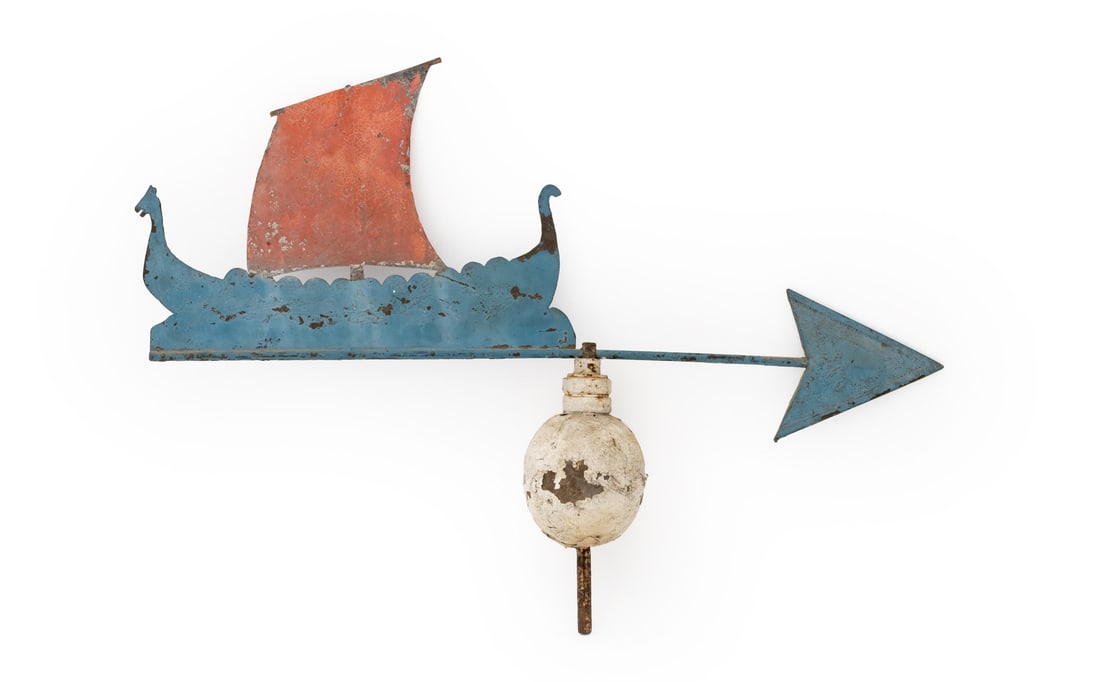 Folk Art Greek Ship Form Weather Vane: Folk Art Greek Ship Form Weather Vane, red, white, and blue painted metal. 19.5" H x 27.5" W x 4.5" D. Provenance: From a Greenwich, Connecticut Estate. Keywords: Americana, Vintage, American, Wall Ha