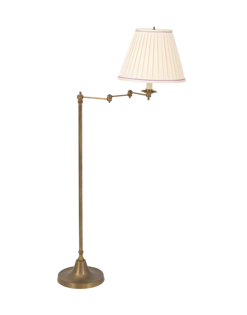 Mid-Century Modern Brass Swing Arm Floor Lamp: Mid-Century Modern Brass Swing Arm Floor Lamp, the arm double jointed, the white pleated shade with lavender purple trim. Arm extended: 51.5" H x 26 W x 12.25 D. Provenance: From a 955 Fifth Avenue Ap
