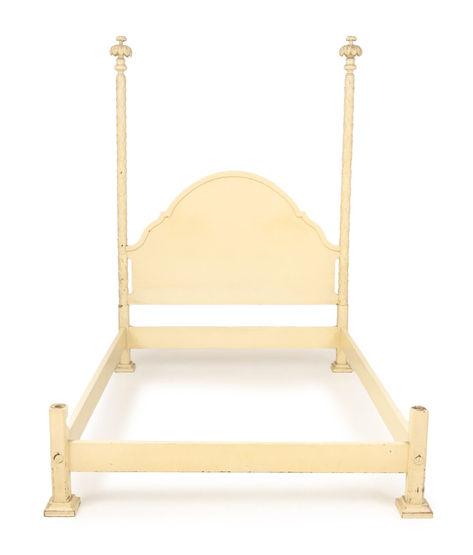 White Painted Four-Poster Queen-Sized Bed Frame: White Painted Four Poster Queen Sized Bed Frame, with arched headboard flanked by two carved tree from posts. 86" H x 60" W x 80" D. Provenance: From an East 80th Street, New York City Estate. Keyword