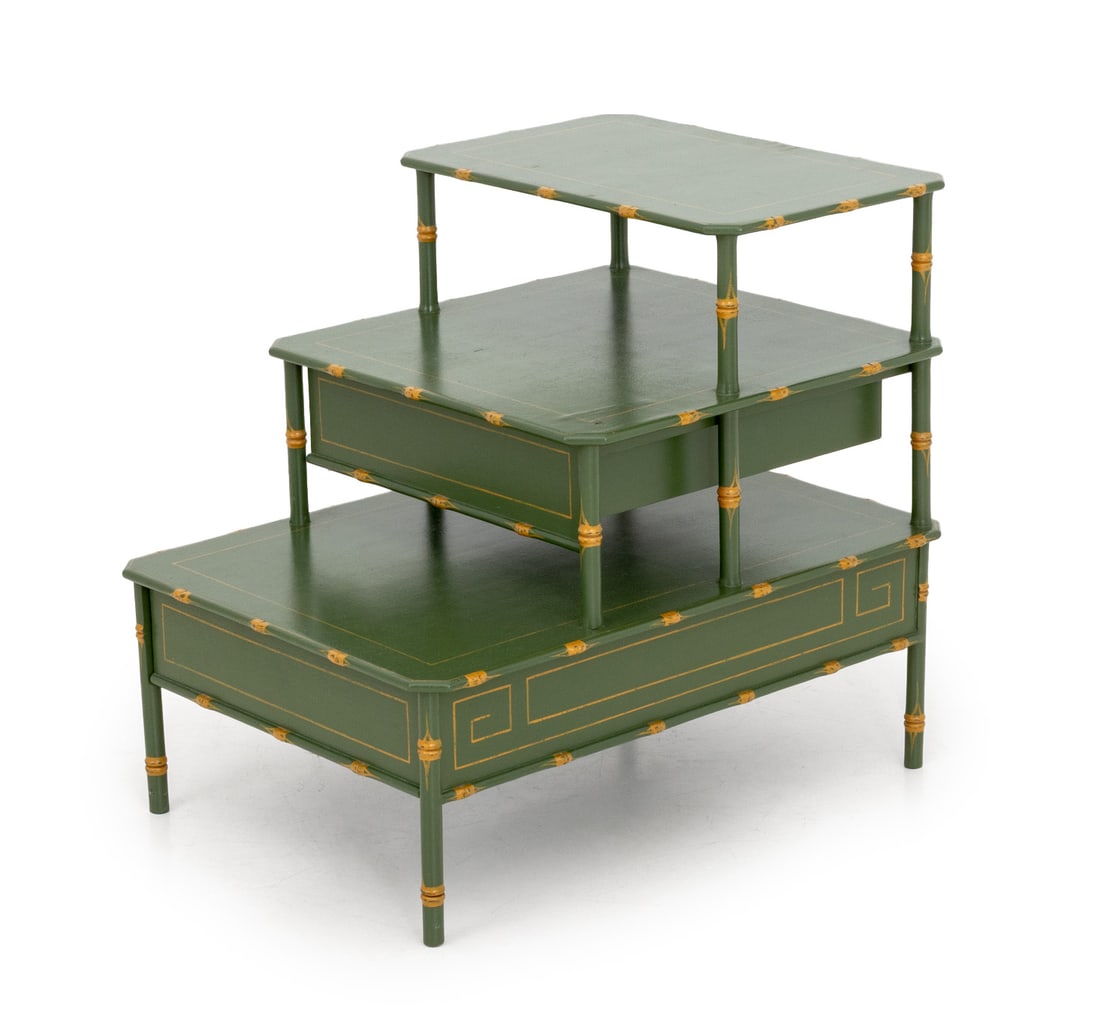 Green Lacquered Three-Tier Bedside Table: Green Lacquered and Yellow Painted Three-Tier Bedside Table, with two drawers. 26" H x 21.25" W x 28" D. Provenance: From a 955 Fifth Avenue Apartment. Keywords: Vintage Furniture, Side table, Shelvin