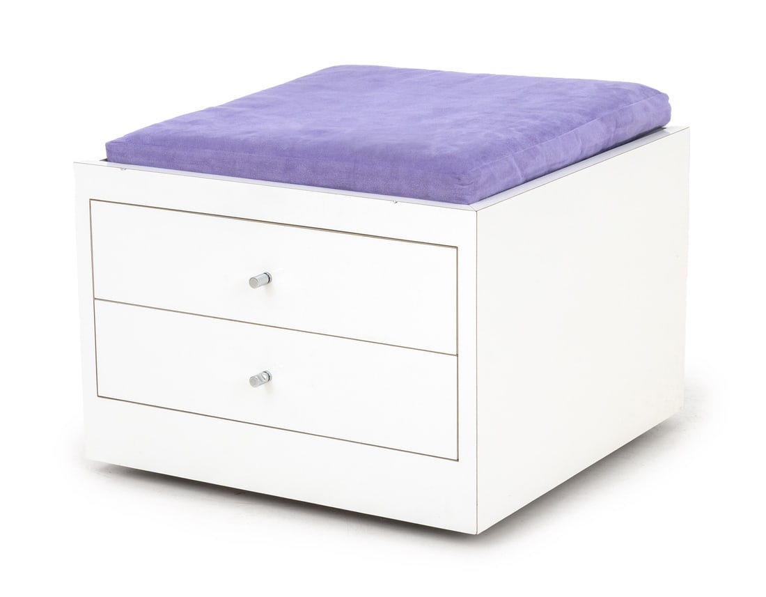 Contemporary Purple and White Storage Ottoman: Contemporary White Laminate Storage Ottoman, with purple suede upholstered cushion above two drawers with divided interiors. 16" H x 20" W x 20" D. Provenance: From a 422 East 72nd Street Estate.