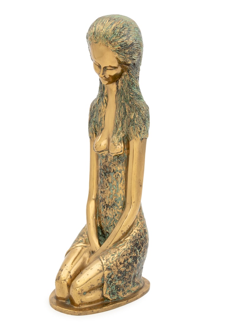 Monyo Mihailescu Nasturel "Dreaming Girl" Bronze: Prince Monyo Mihailescu Nasturel (American/Romanian, b. 1926) "Dreaming Girl" Gilt Bronze Sculpture, signed on base. 20.5" H x 6.5" W x 8.5" D. Provenance: From a Long Island Estate. Keywords: Statue,