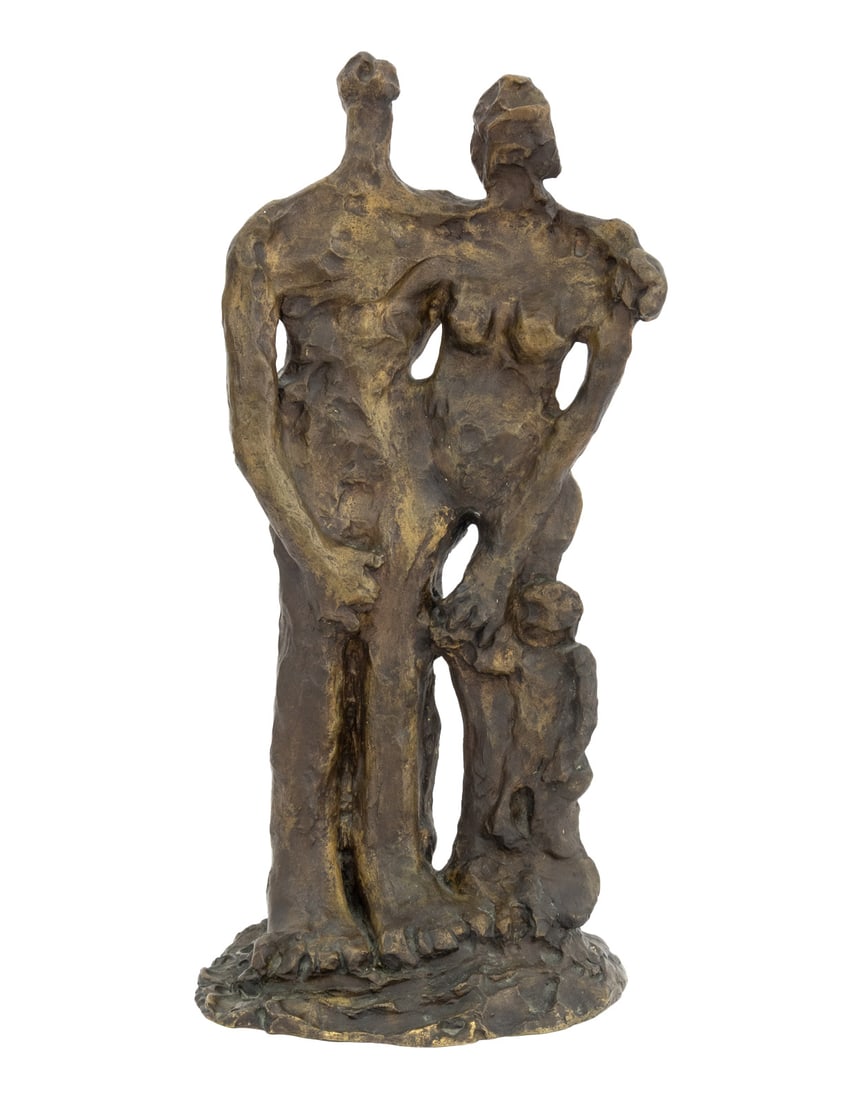 David Azuz Father, Mother, Child Patinated Bronze: David Azuz (Israeli, 1942-2014) Father, Mother, and Child Patinated Bronze Sculpture, signed and with foundry mark to base. 22.5" H x 10" W x 8" D. Provenance: From a 955 Fifth Avenue Apartment.