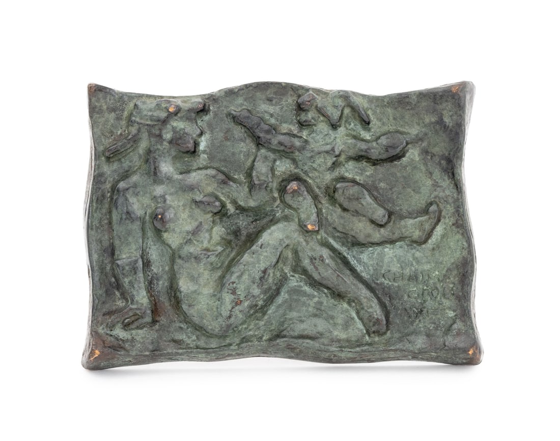 Chaim Gross Patinated Bronze Relief Sculpture: Chaim Gross (American, born Ukraine, 1904-1991) Figural Patinated Bronze Relief Sculpture, depicting mother and child, with easel back support, signed lower right. 3.5" H x 5" W x 2" D. Provenance: Fr