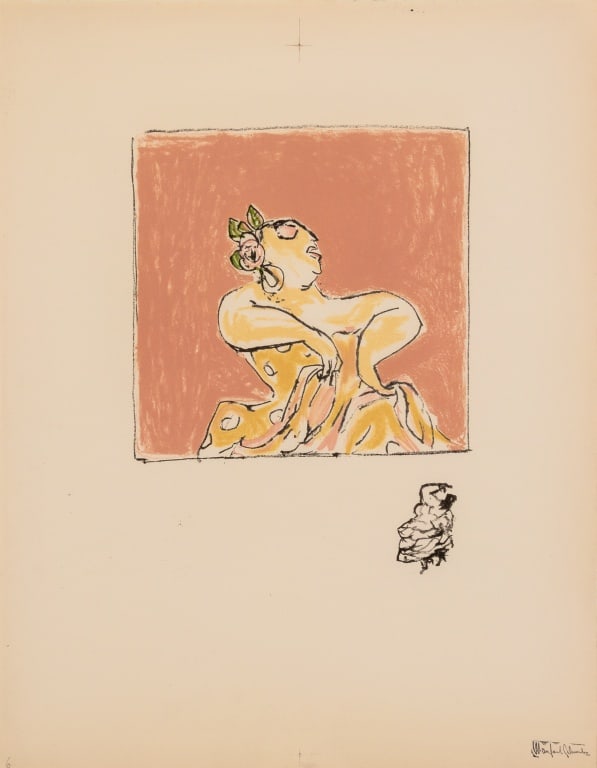 Manfred Schwartz Flamenco Dancer Lithograph: Manfred Schwartz (American, b. Poland, 1909-1970), Flamenco Dancer, Lithograph in Colors on Paper, numbered edition "6" lower left, dancing figure underneath, with the artist's signature stamped lower