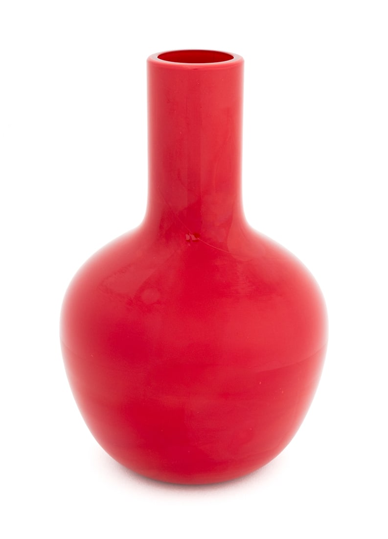 Venini Murano Art Glass Bottle Vase, 1982: Venini Murano Red Art Glass Bottle Vase, 1982, with "vetri / murano" and "Venini / Made in Italy" labels and etched "Venini Italia 82" mark to underside. 10.25" H x 6.25" Diameter. Provenance: From a