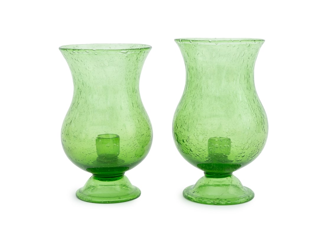 Murano Green Glass Hurricanes, Pair (1 of 7)