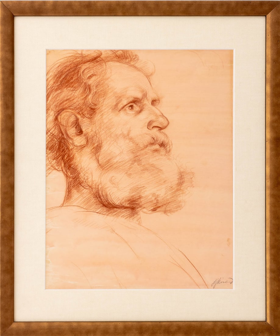 European School Bearded Man Conte Crayon, 19th C. (1 of 5)