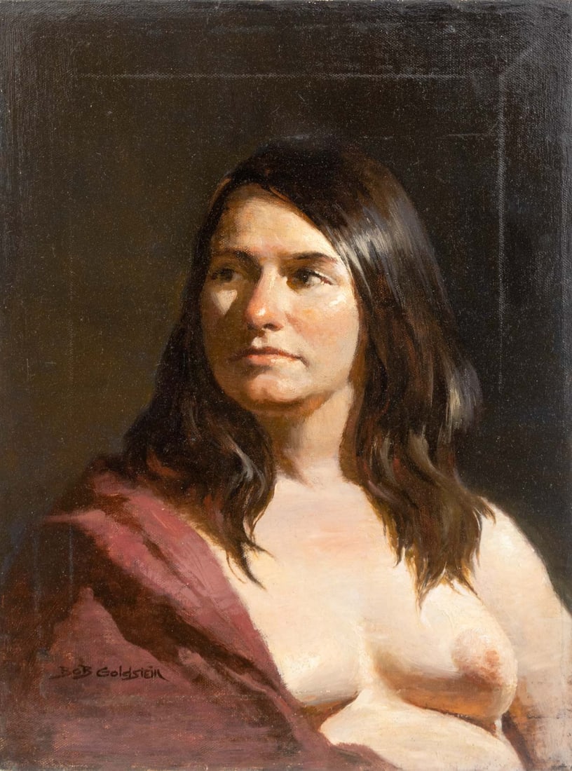 Bob Goldstein Seated Female Nude Oil on Canvas: Bob Goldstein (American, XX), Seated Female Nude, Oil on Canvas, 1984-85, signed lower left, signed and marked "Leffel Eve" verso with Art Students League of New York label, unframed. 16" H x 12" W. P