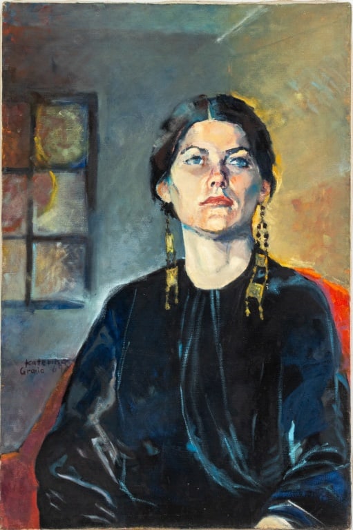 Katerina Grania Portrait of a Woman Oil, 1969: Katherine Grania (American, XX), Portrait of a Woman in Gold Earrings, Oil on Canvas, 1969, signed and dated lower left, signed and marked "Brackman's Class" with Art Students League of New York label