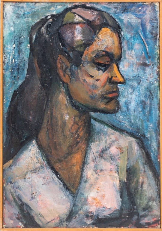 Katsumi Nishiyama Portrait of a Woman Oil, c. 1960: Katsumi Nishiyama (XX), Portrait of a Woman with Ponytail, Oil on Canvas, circa 1960, signed and inscribed "Liberte" verso, wood frame. Image: 30.25" H x 21.25" W; frame: 30.75" H x 21.75" W. Provenan