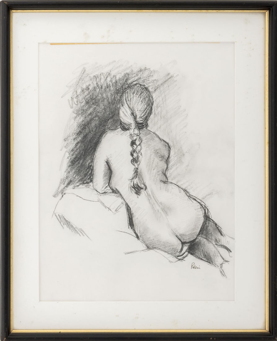 Joan Polzin "Nude #5" Charcoal on Paper: Joan Polzin (American, XX-XXI), "Nude #5", Charcoal on Paper, signed "Polzin" lower right, artist's label verso, ebonized frame. Image: 16" H x 12" W; frame: 21" H x 17.25" W x 1.25" D. Provenance: Fr