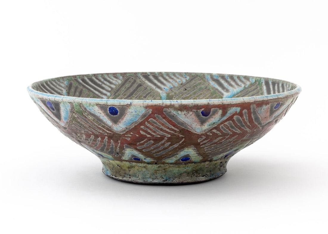 Signed Raku Pottery Centerpiece Bowl: Raku Pottery Centerpiece Bowl, illegibly signed "DEB (?)" to underside. 4.25" H x 12.5" Diameter. Provenance: From a 955 Fifth Avenue Apartment. Keywords: Art Pottery, Studio Pottery, Ceramics,