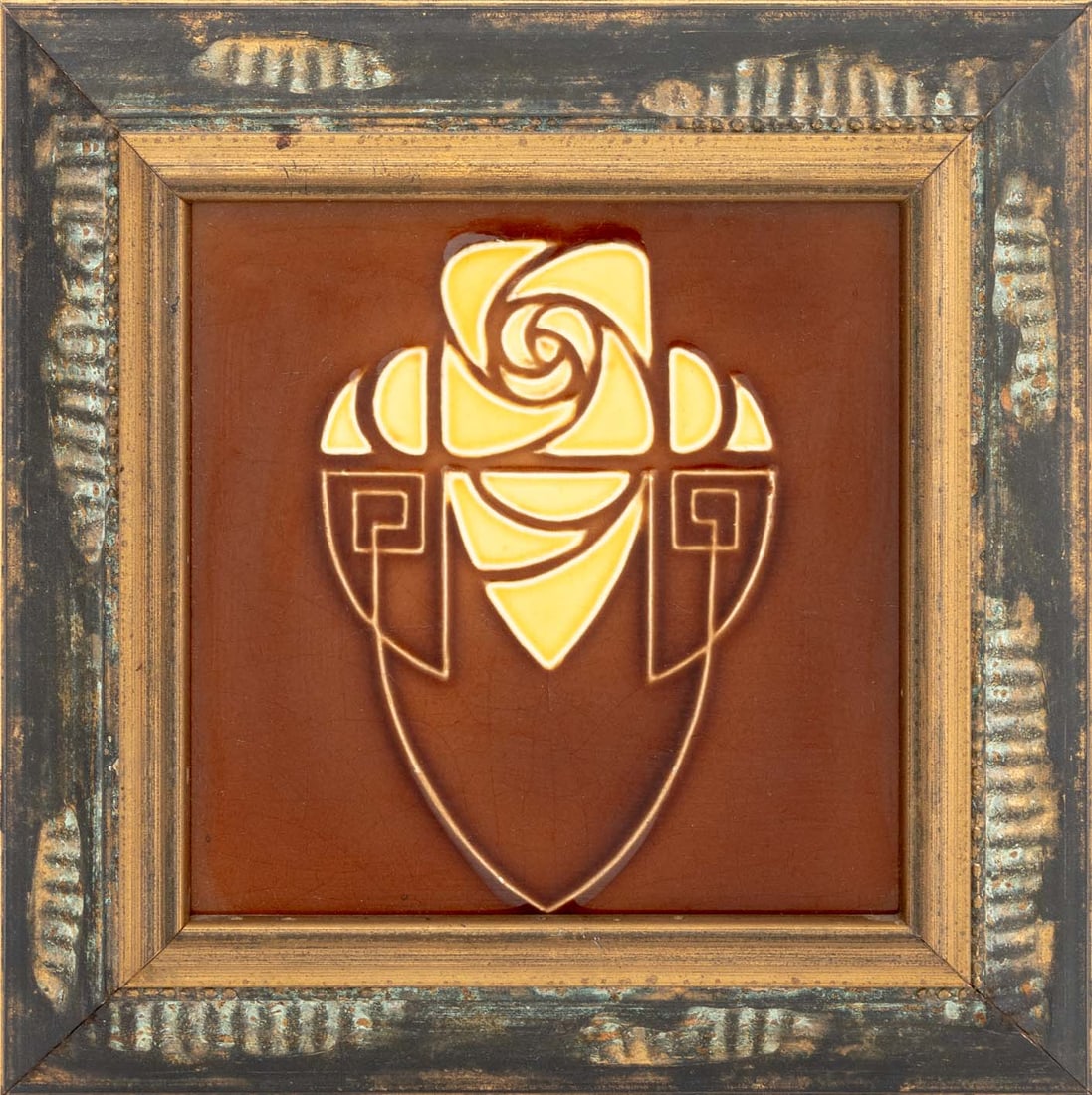 Gilliot Hemiksem Art Nouveau Pottery Tile, c.1920: Gilliot Hemiksem Art Nouveau Pottery Tile, circa 1920, distressed giltwood frame. Image: 5.5" H x 5.5" W; frame: 9" H x 8.75" W x 1.25" D. Provenance: From a Greenwich, Connecticut Estate. Keywords: