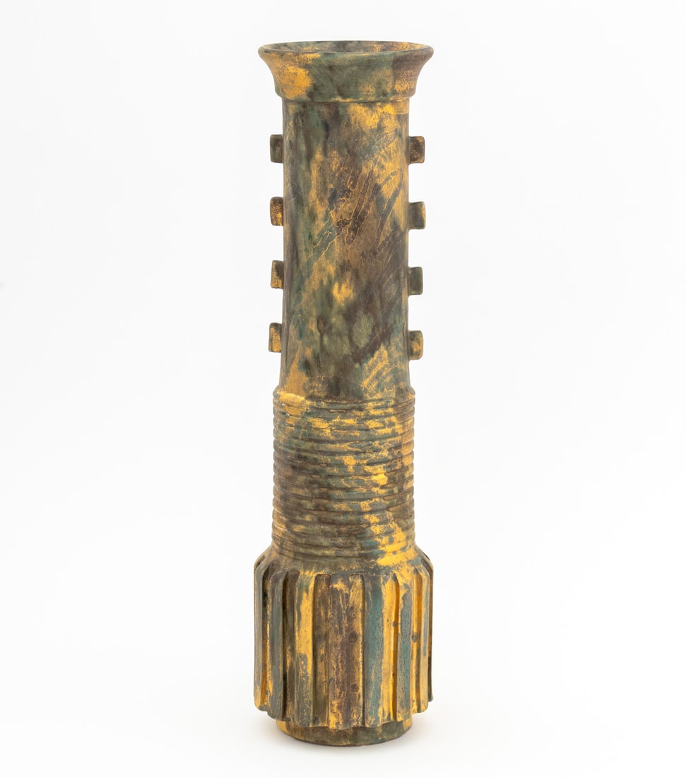Italian Global Views Glazed Ceramic Vase: Italian Global Views Glazed Ceramic Vase, with gilt accents and textured base, marked "Global Views / Made in Italy" to underside. 23.5" H x 6.5" Diameter. Provenance: From a New York City Private