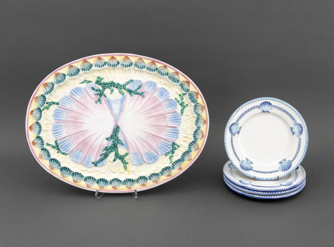 Vietri, Etc. Italian Ceramic Tableware, 5 Pcs.: Group of Five Italian Ceramic Tableware Pieces, comprising: set of four San Marco plates, with blue shell border, marked "San Marco / Made in Italy" to underside and Vietri painted oval serving