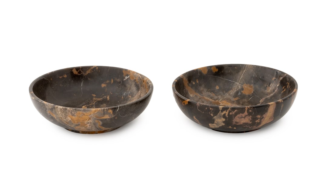Marble Centerpiece Bowls, Pair: Pair of Marble Centerpiece Bowls, "Made in Pakistan" labels to underside. 3.75" H x 12" Diameter. Provenance: From a New York City Private Collection. Keywords: Fruit bowls, Vessels, Hardstone,