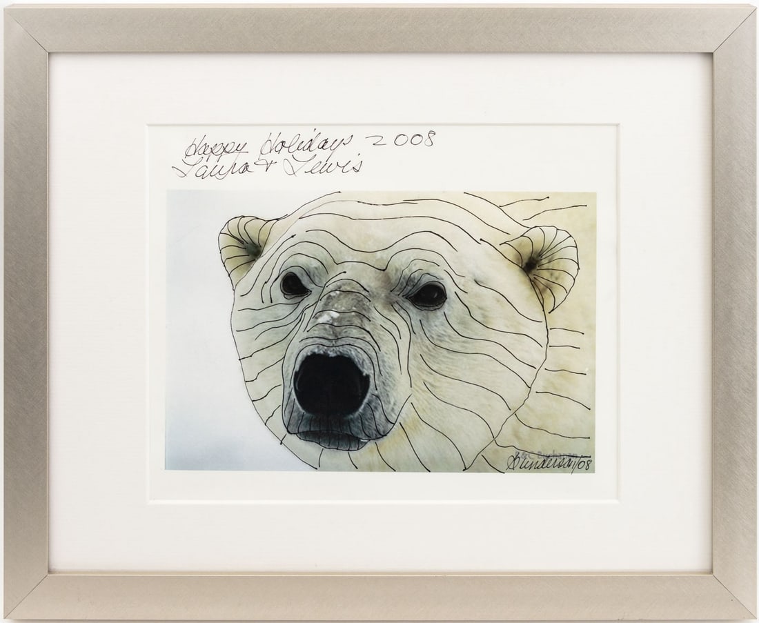Karen Sanderson Polar Bear Mixed Media, 2008: Karen Sanderson (American, XX-XXI), Polar Bear, Mixed Media, 2008, polar bear digital print with ink line drawing, signed and dated lower right, inscribed "Happy Holidays" upper left, with thank you