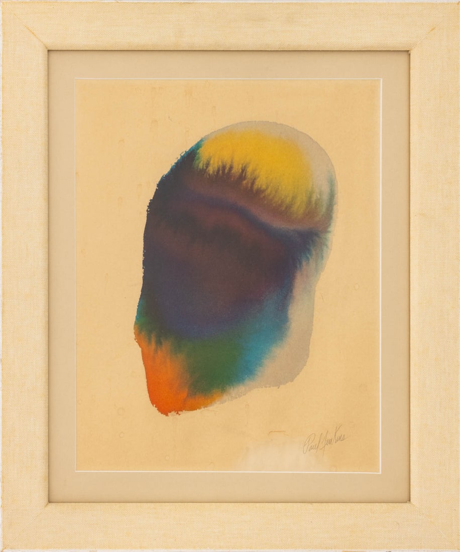 Paul Jenkins "Phenomena" Offset Lithograph: Paul Jenkins (American, 1923-2013), "Phenomena" Series, Offset Lithograph in Colors, signed in plate lower right, linen covered frame. Image: 10" H x 7" W; frame: 18.25" H x 15.25" W x 0.75" D.