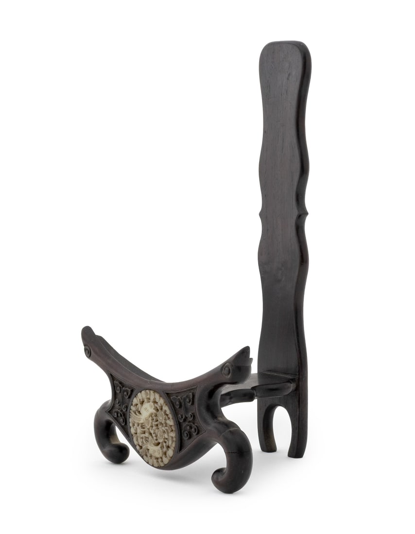 Chinese White Jade Mounted Hongmu Charger Stand: Chinese White Jade Plaque Mounted Carved Hongmu Charger Stand, the reticulated plaque with bird and flower motif. 12.5" H x 7.75" W x 5" D. Provenance: From a Greenwich, Connecticut Estate. Keywords: