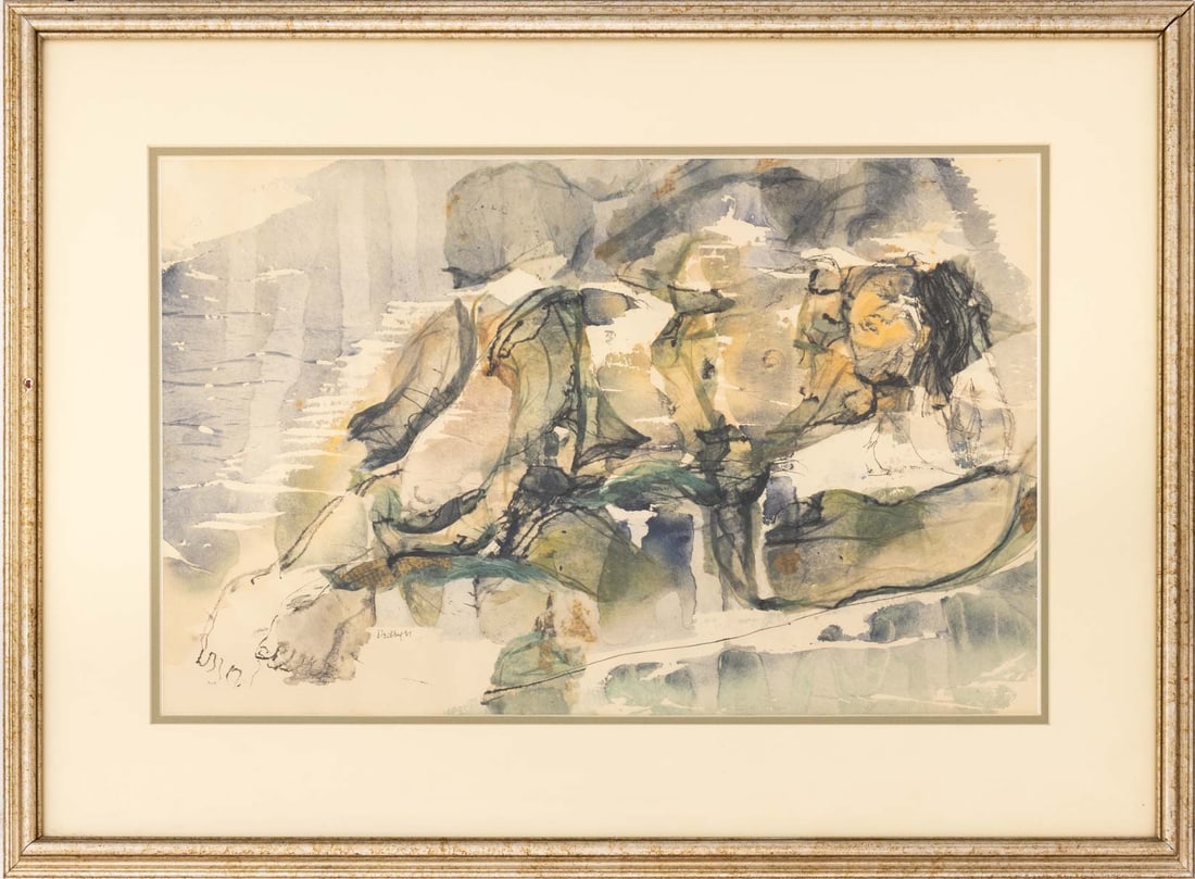 Illegibly Signed Reclining Nude Figure Watercolor: Contemporary School, Abstract Reclining Nude Figure, Watercolor on Paper with Collage Elements, illegibly signed lower left, silvered wood frame. Image: 13.5" H x 21.5" W; frame: 21.5" H x 29" W x 1.2