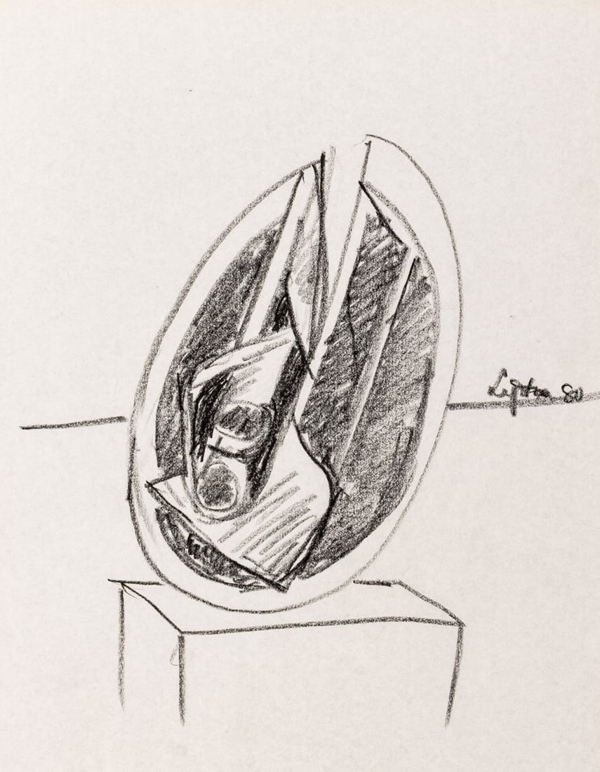 Seymour Lipton Sculpture Study Sketch, 1980: Seymour Lipton (American, 1903-1986), Abstract Expressionist Sculpture Study Sketch, Oil Crayon on Paper, 1980, signed and dated lower right, unframed. 11" H x 8.5" W. Provenance: From a Brooklyn Coll