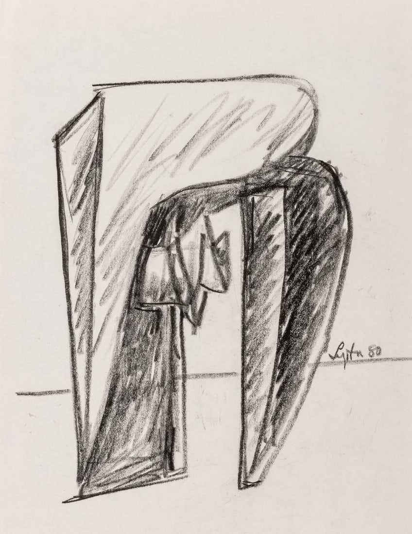 Seymour Lipton Sculpture Study Sketch, 1980: Seymour Lipton (American, 1903-1986), Abstract Expressionist Sculpture Study Sketch, Oil Crayon on Paper, 1980, signed and dated lower right, unframed. 11" H x 8.5" W. Provenance: From a Brooklyn Coll