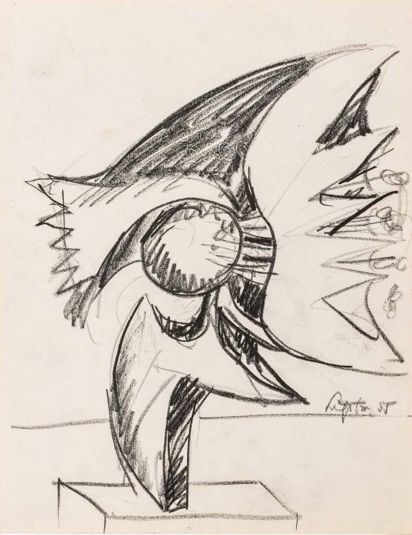 Seymour Lipton Sculpture Study Sketch, 1955: Seymour Lipton (American, 1903-1986), Abstract Expressionist Sculpture Study Sketch, Oil Crayon on Paper, 1955, signed and dated lower right, unframed. 11" H x 8.5" W. Provenance: From a Brooklyn Coll