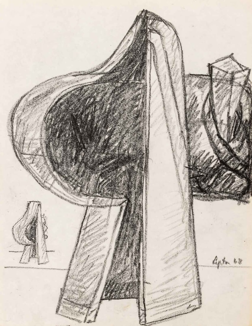 Seymour Lipton Sculpture Study Sketch, 1968: Seymour Lipton (American, 1903-1986), Abstract Expressionist Sculpture Study Sketch, Oil Crayon on Paper, 1968, signed and dated lower right, unframed. 11" H x 8.5" W. Provenance: From a Brooklyn Coll