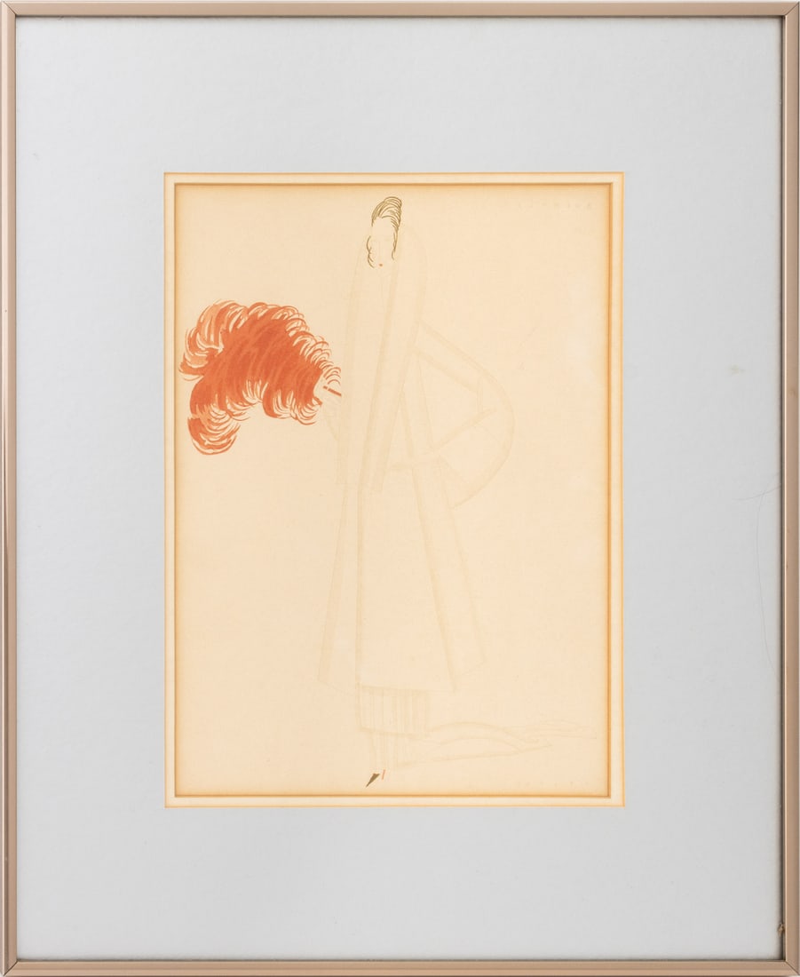 Eduardo Garcia Benito "Triomphe" Pochoir, ca. 1920: Eduardo Garcia Benito (Spanish, 1891-1981), "Triomphe" [Triumph], Embossed Pochoir Print in Colors, circa 1920, signed lower right and titled upper right, silver-tone frame. Image: 14" H x 10" W; fram