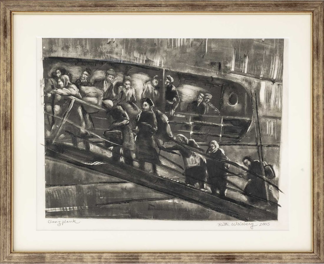 Ruth Ellen Weisberg "Gangplank" Charcoal, 2005: Ruth Ellen Weisberg (American, b. 1942), "Gangplank", Charcoal on Paper, 2005, signed in pencil and dated lower right, titled lower left, silvered wood frame. Image: 11.5" H x 15" W; frame: 15.75" H x