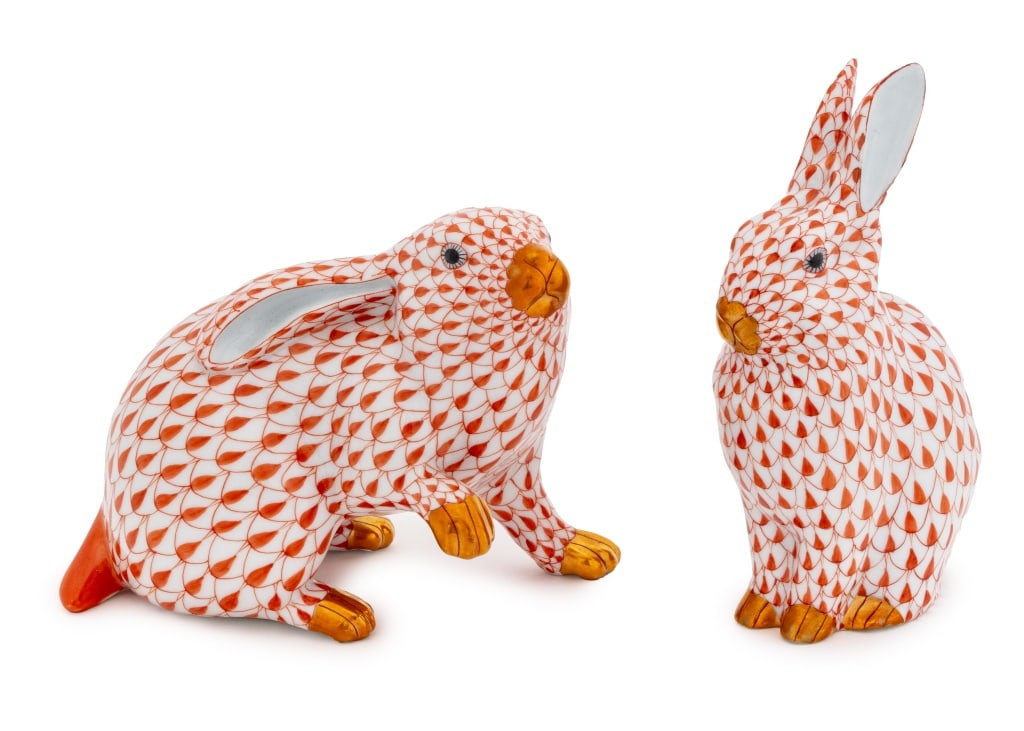 Herend Fishnet Porcelain Rabbit Figurines, 2: Two Herend Rust Fishnet Porcelain Rabbit Figurines, one bunny with paw up, model 5335, and a seated hare, model 5527, each with impressed and "Handpainted / Herend / Hungary" marks to underside. Large
