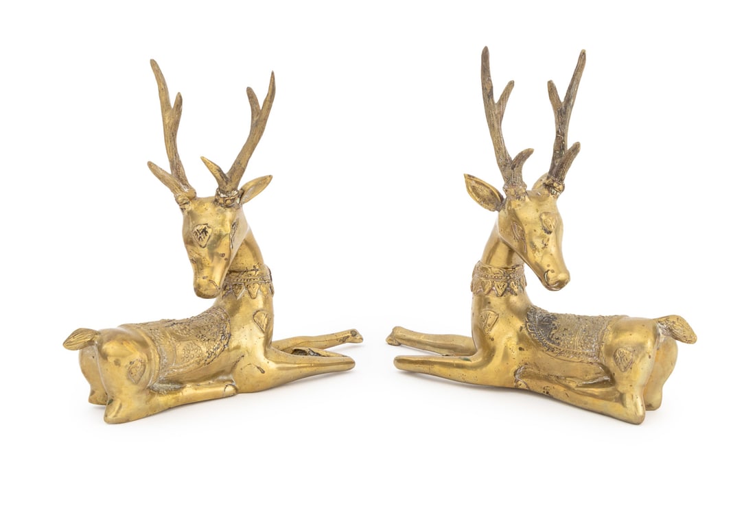 Thai Recumbent Deer Brass Sculptures, Pair (1 of 9)