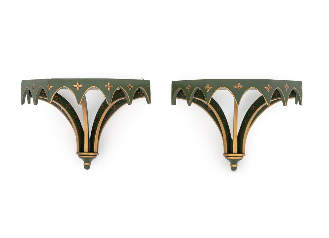 Gothic Style Green Painted Wall Brackets, Pair: Pair of Gothic Style Green Painted Wall Brackets, with gilt trim and floral motif and pointed arch apron. 8.25" H x 12" W x 6.5" D. Provenance: From a 955 Fifth Avenue Apartment. Keywords: Corbels, Wa