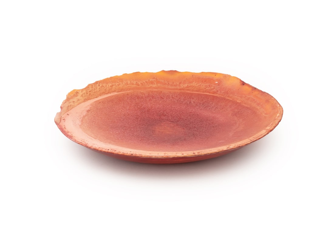 Illegibly Signed Red Resin Centerpiece Bowl: Postmodern Red Resin Centerpiece Bowl, 2012, illegibly signed and dated to underside. 2.5" H x 20.5" Diameter. Provenance: From a New York City Private Collection. Keywords: Sculptural, Vessel,