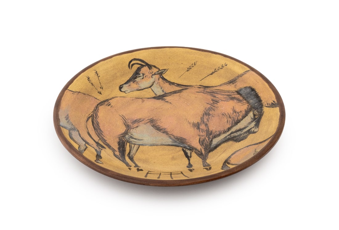 Anna Malkin Art Pottery Centerpiece Bowl: Anna Malkin (Canadian, XX-XXI) Art Pottery Centerpiece Bowl, with polychrome glazed hand-painted oxen scene and horse motif to underside, signed. 17" Diamater x 2" H. Provenance: From an East 80th