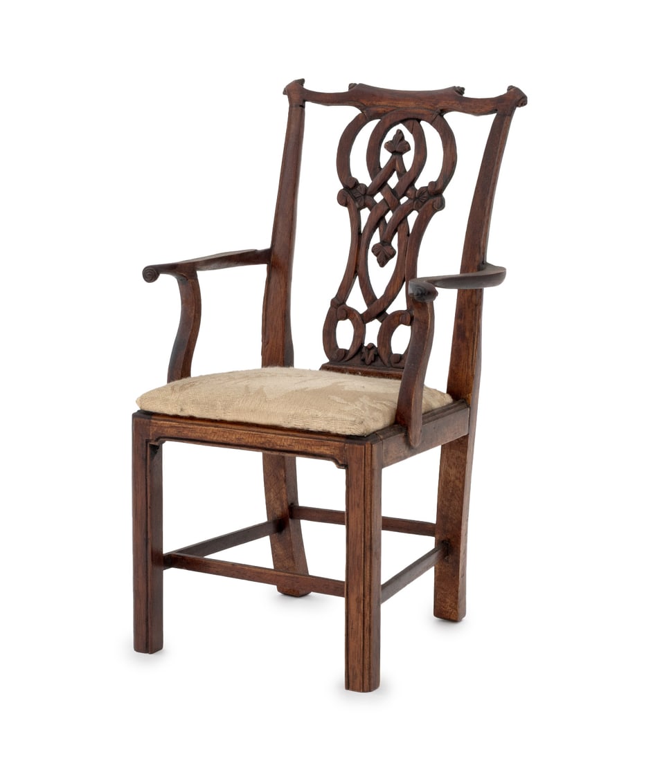 Chippendale Style Walnut Salesman Sample Armchair: Chippendale Style Walnut Salesman Sample Arm Chair, with carved pierced splat and silk upholstered drop in seat. 9.75" H x 5.75" W x 5.25" D. Provenance: From a New York City Collection. Keywords: