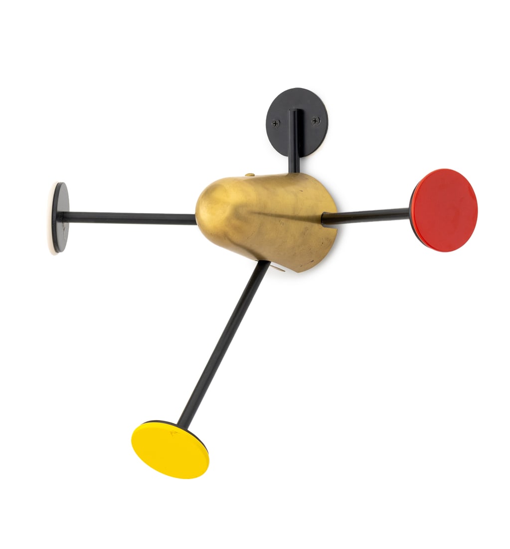 Mathieu Mategot for Gubi "Mategot" Coat Rack: Mathieu Mategot for Gubi "Mategot" Coat Rack, brass centerpiece with three polychrome steel arms and circular hooks, unmarked. 13" H x 16" W x 8" D. Provenance: From a New York City Collection. Keywor