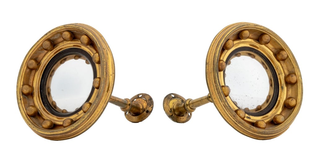 Regency Convex Mirror Tie Backs, 19th C., Pair: Pair of Regency Gilt Metal Convex Mirror Tie Backs, early 19th century. 5" Diameter x 7.25" D. Provenance: From a Palm Beach Collection. Keywords: Curtain rods, Drapery holder, Looking glass, Diminuti