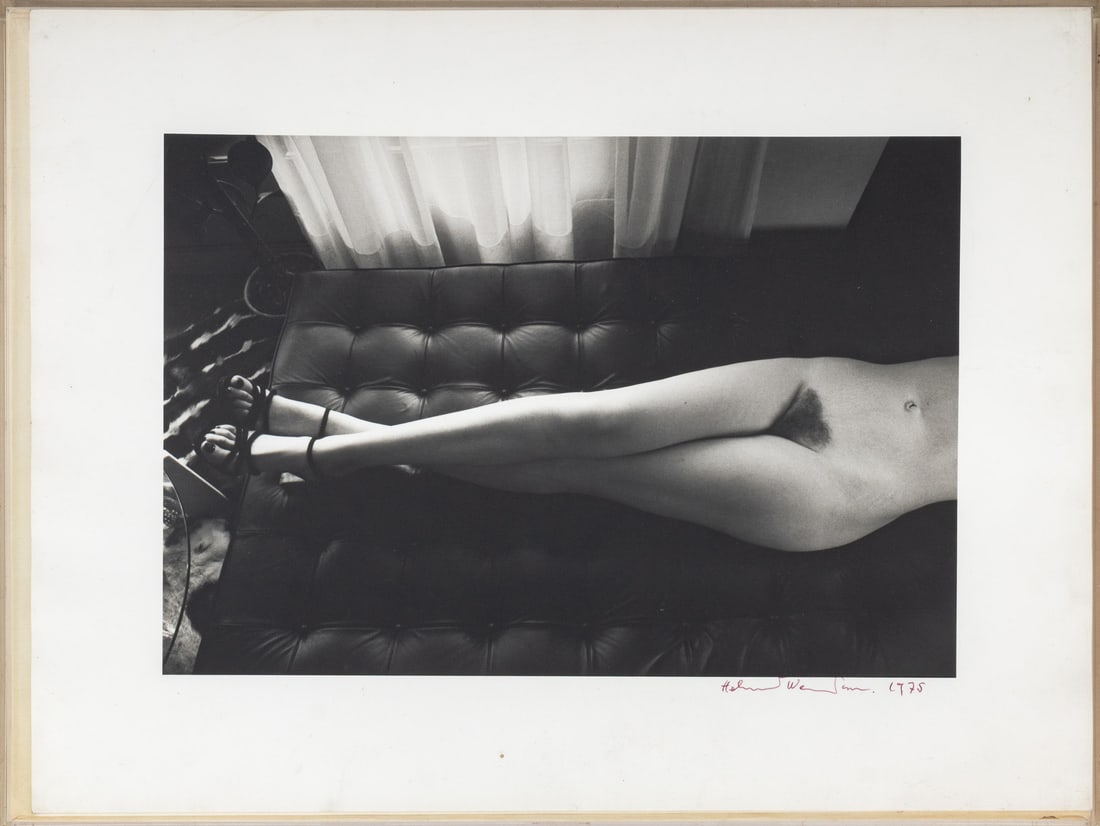 Helmut Newton Mercedes at Home Silver Print, 1975: Helmut Newton (German/Australian, 1920-2004), "Mercedes at Home, Paris", Gelatin Silver Print, 1975, signed and dated lower right, acrylic shadowbox frame. Image: 8" H x 11.75" W; frame: 12.25" H x 16