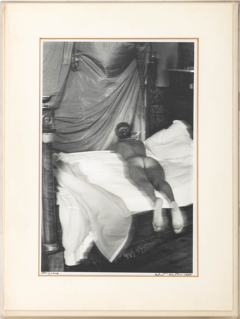 Helmut Newton "On Napoleon ..." Silver Print, 1975: Helmut Newton (German/Australian, 1920-2004), "On Napoleon's Bed in the Chateau d'Arcangues", Ferrotyped Gelatin Silver Print, 1975, signed and dated lower right, inscribed "For Grace" lower left, ins