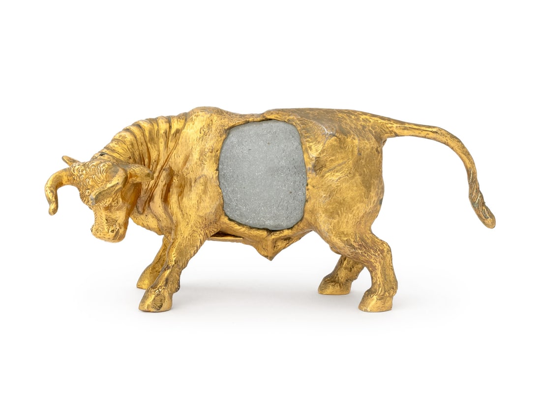 Gabriella Crespi "Toro" Sculpture, 1970s: Gabriella Crespi (Italian, 1922-2017) "Toro" Sculpture, 1970s, from the "Piccoli animali" series, hand-chiseled gilt metal with Barovier and Toso crystal glass egg, plaque label to underside. 3.75 H x