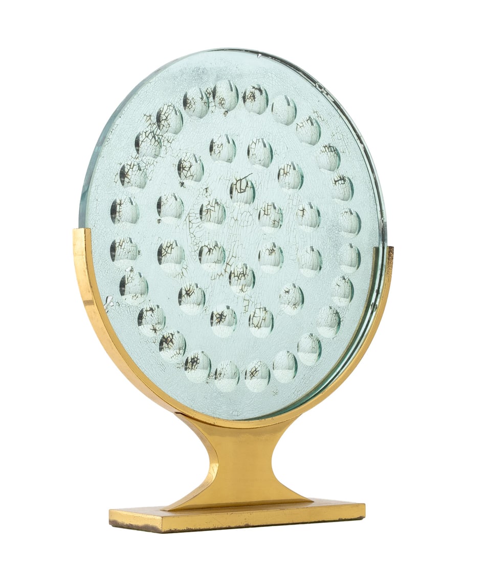 Stanley Landsman Infinity Mirror Sculpture: Stanley Landsman (American, 1930-1984) Infinity Mirror Sculpture, circular glass mounted on gilt bronze base. 15.25" H x 12.25" W x 3" D. Provenance: From the Estate of American Fashion Journalist and