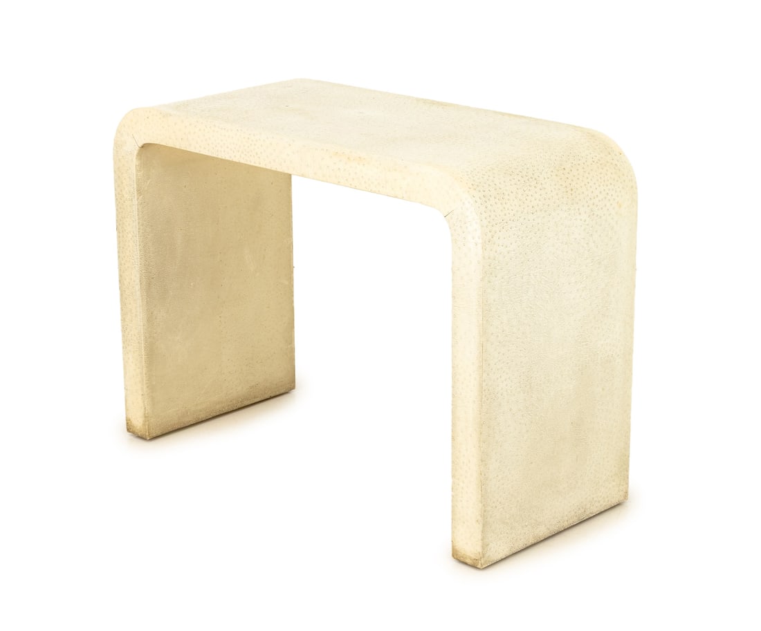 Karl Springer White Ostrich Console Table: Karl Springer White Ostrich Skin Covered Waterfall Console Table. 30.25" H x 42" W x 18" D. Provenance: From the Estate of American Fashion Journalist and Editor-in-Chief of Vogue (1971-1988) Grace Mi