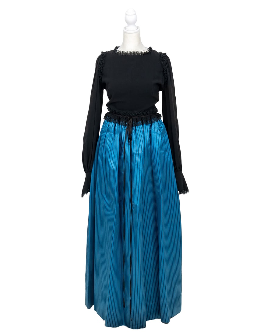 Emanuel Ungaro Couture Evening Ensemble: Emanuel Ungaro Couture Evening Ensemble, black long sleeve sheer chiffon blouse with lace trim and blue and black striped silk full-length skirt with drawstring waist, "Emanuel Ungaro / Couture / Pari