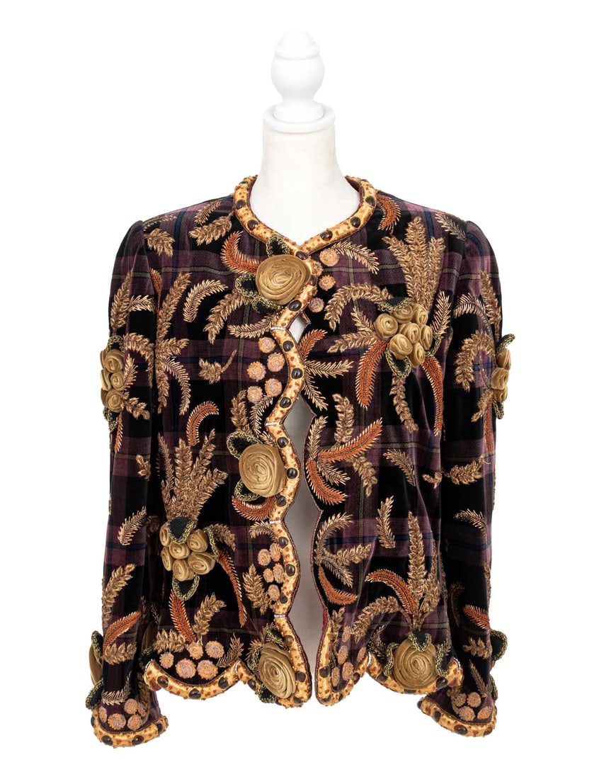Bill Blass Velvet Embroidered Jacket: Bill Blass Velvet Embroidered Jacket, the purple plaid velvet with intricate floral embroidery and red cabochons inset into the scalloped bottom trim and sleeves, and burgundy silk lining, "Bill Blass