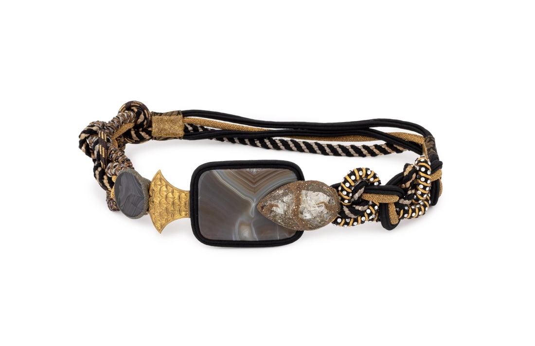 Alex & Lee "Love & Peace" Braided Cord Belt: Alex and Lee "Love and Peace" Crystal Braided Cord Belt, with banded agate, gilt metal closure, and gem-set details, marked "Alex + Lee (c) Love + Peace" to reverse. 29.75" L x 2.75" W. Provenance: Fr