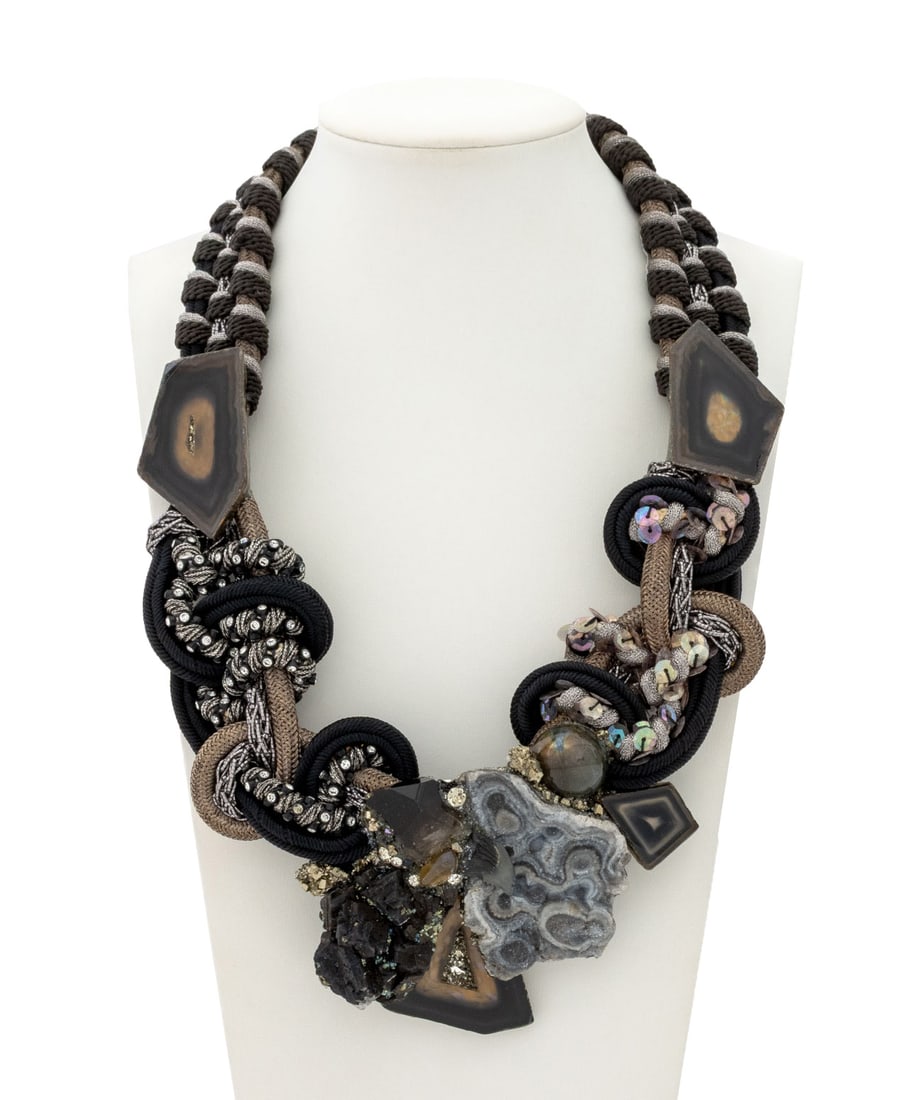 Alex & Lee Attributed Crystal Necklace: Alex and Lee Attributed Crystal Braided Cord Necklace, with smoky quartz, banded agate, druzy quartz, and labradorite, unmarked. 18.5" L x 4" W. Provenance: From the Estate of American Fashion Journal