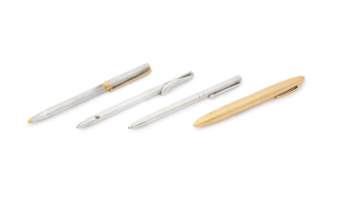 Tiffany & Co., 14k Gold, Etc. Writing Tools, 4: Collection of Four Writing Instruments, comprising: Elsa Peretti for Tiffany and Company sterling silver ballpoint pen, marked "Tiffany & Co. / Peretti 925", Saks Fifth Avenue sterling silver pen, mar
