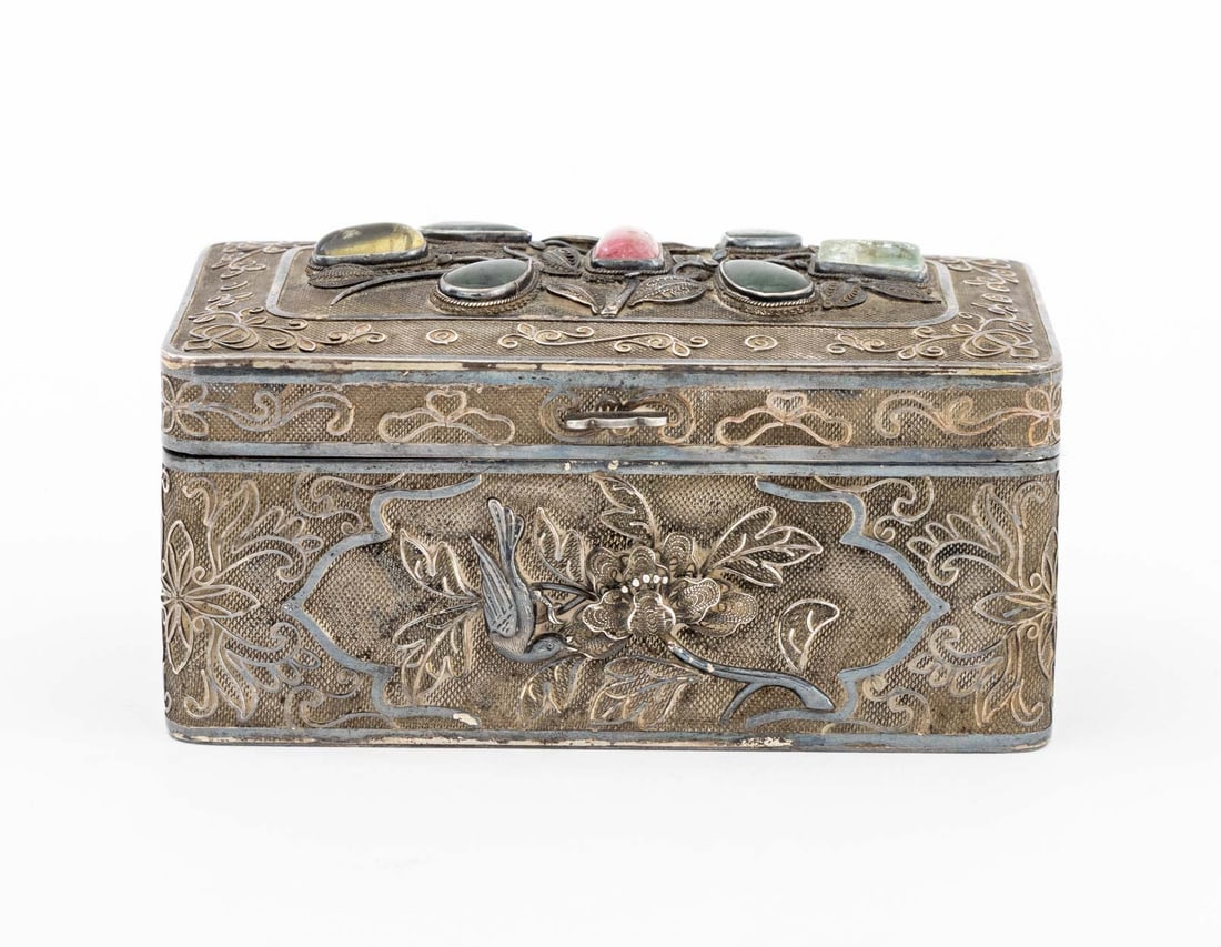 Chinese Gemstone Mounted Silver Covered Box - 2